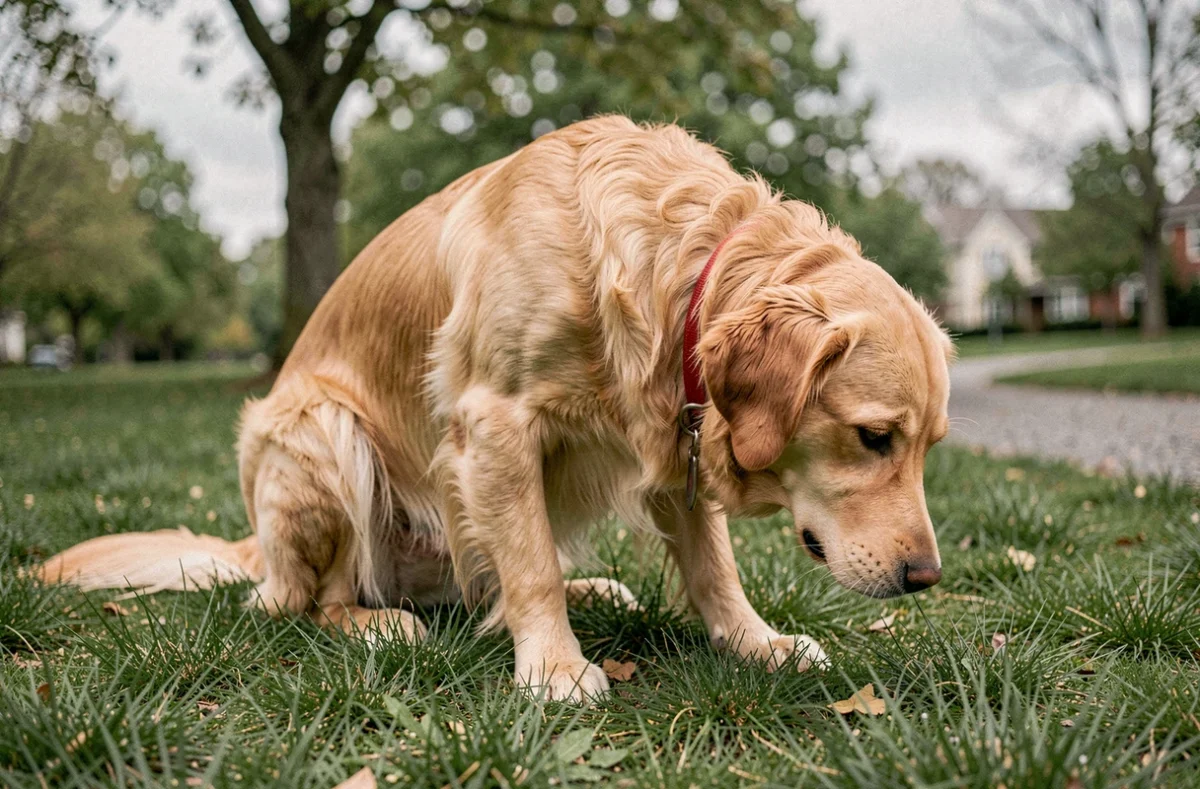 Chien golden retriever faisant pipi sur l'herbe dans un parc suburban