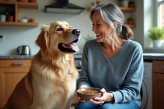 Chien golden retriever senior avec femme dans la cuisine