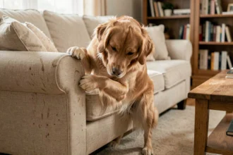 Chien golden retriever qui gratte le canapé beige avec ses pattes avant dans un salon moderne