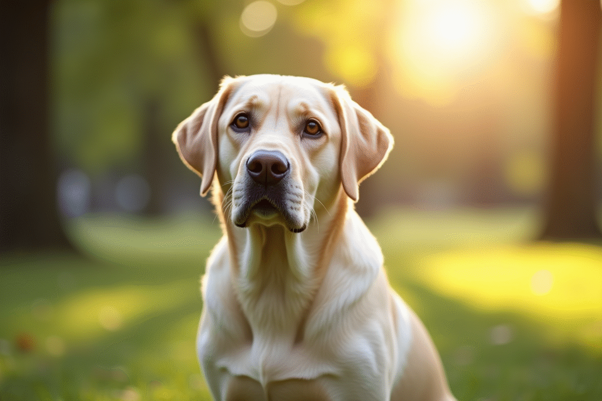 Labrador retriever assis dans un parc ensoleille