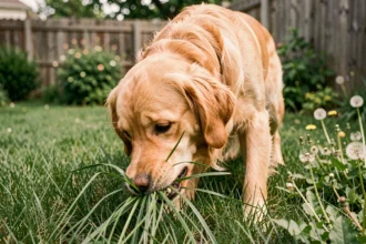 Chien golden retriever en train de manger de l'herbe dans un jardin verdoyant