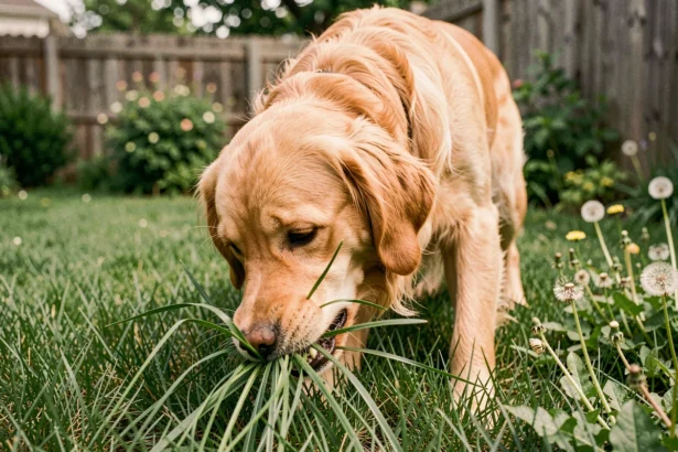 Chien golden retriever en train de manger de l'herbe dans un jardin verdoyant