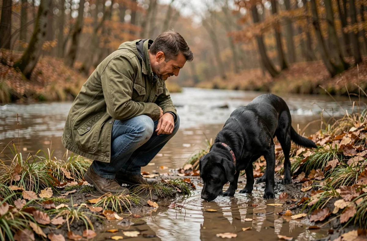 Propriétaire et son labrador noir au bord d'une rivière boueuse, environnement à risque de leptospirose