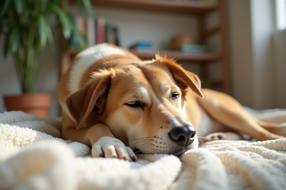 Chien mixte reposant paisiblement dans un intérieur cosy