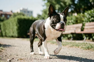 Chien noir et blanc à poil court trottinant sur un chemin de gravier dans un parc urbain