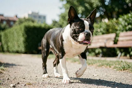 Chien noir et blanc à poil court trottinant sur un chemin de gravier dans un parc urbain