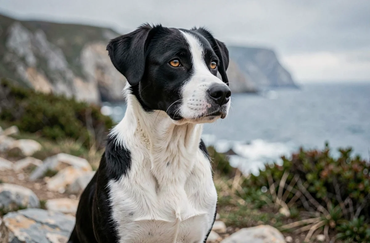 Chien noir et blanc à poil court assis sur un sentier côtier rocheux avec vue sur la mer