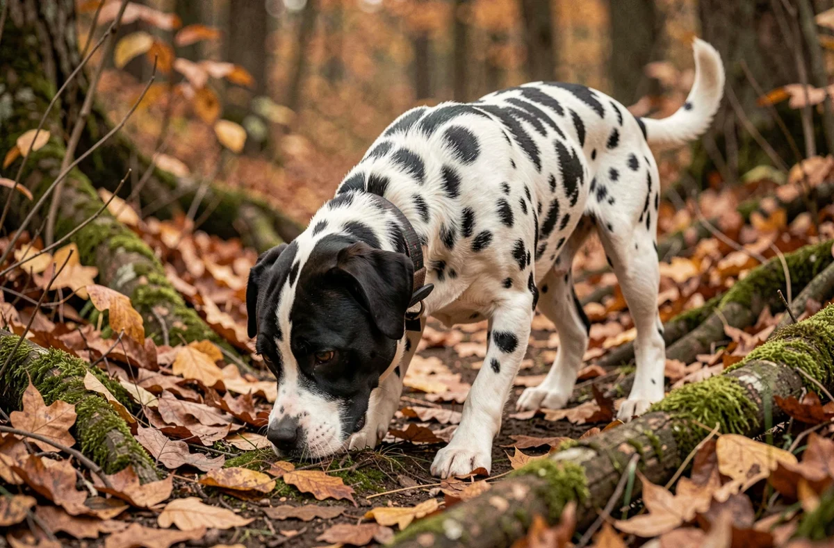 Chien noir et blanc à poil court qui renifle le sol sur un sentier forestier en automne