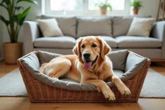 Golden retriever allongé dans un panier solide en rotin synthétique sur parquet en chêne, vue rapprochée au sol