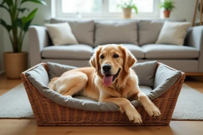 Golden retriever allongé dans un panier solide en rotin synthétique sur parquet en chêne, vue rapprochée au sol