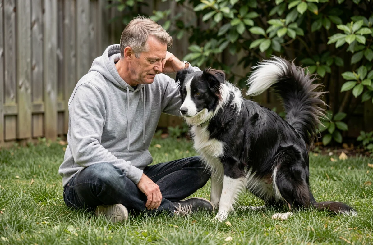 Chien border collie se grattant l'oreille dans un jardin, signe possible d'une infestation de puces
