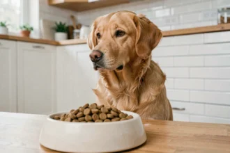 Chien golden retriever assis devant sa gamelle de croquettes qu'il refuse de manger dans une cuisine moderne