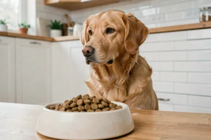 Chien golden retriever assis devant sa gamelle de croquettes qu'il refuse de manger dans une cuisine moderne