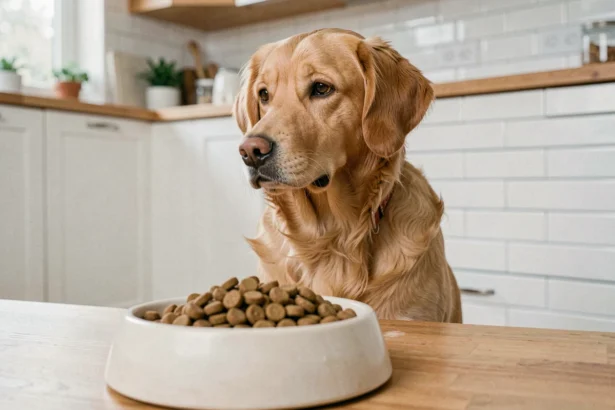 Chien golden retriever assis devant sa gamelle de croquettes qu'il refuse de manger dans une cuisine moderne