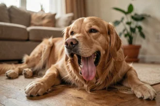 Chien golden retriever allongé sur le sol qui respire fort, bouche ouverte et langue pendante