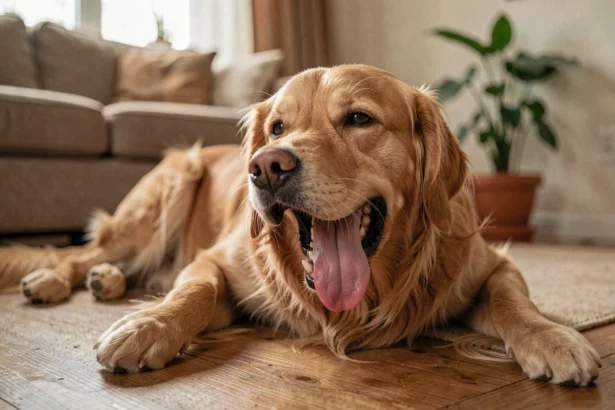 Chien golden retriever allongé sur le sol qui respire fort, bouche ouverte et langue pendante