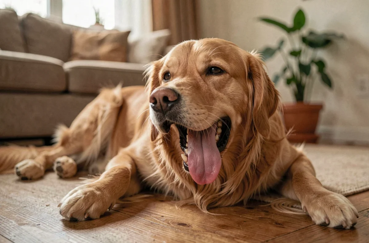 Chien golden retriever allongé sur le sol qui respire fort, bouche ouverte et langue pendante