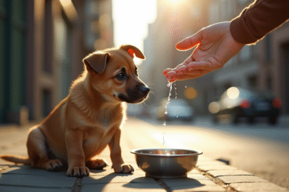 Chien errant fatigué aux yeux doux près du trottoir urbain