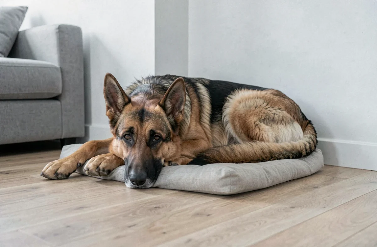 Berger allemand couché seul sur son panier avec une expression de douleur, oreilles rabattues et regard terne