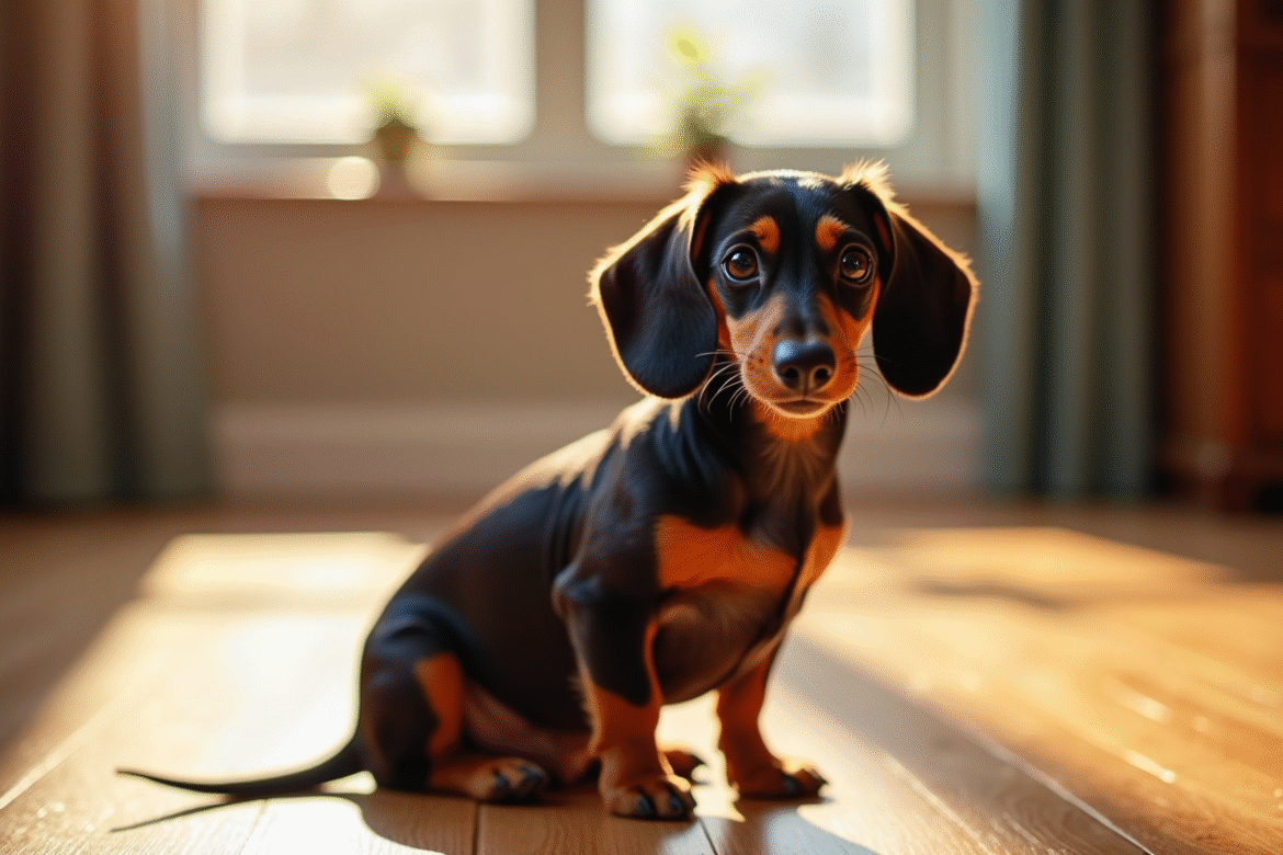 Miniature chien dachshund à poil ras sur sol en bois en lumière naturelle