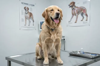 Chien golden retriever toussant sur une table d'examen vétérinaire en acier inoxydable dans une clinique moderne