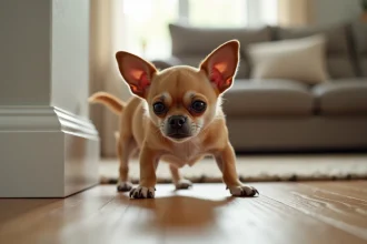Chihuahua anxieux accroupi sur un plancher en bois, oreilles couchées et regard apeuré, illustrant le stress chez les petits chiens