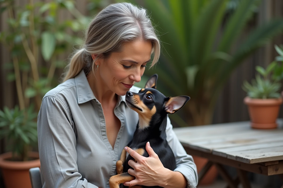 Femme tenant tendrement son Chihuahua dans les bras en extérieur, illustrant le lien affectif entre propriétaire et chien pour réduire l'anxiété