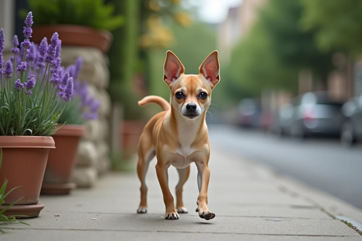 Chihuahua à poil court marchant sur un trottoir urbain calme, petit chien discret idéal pour les voisins
