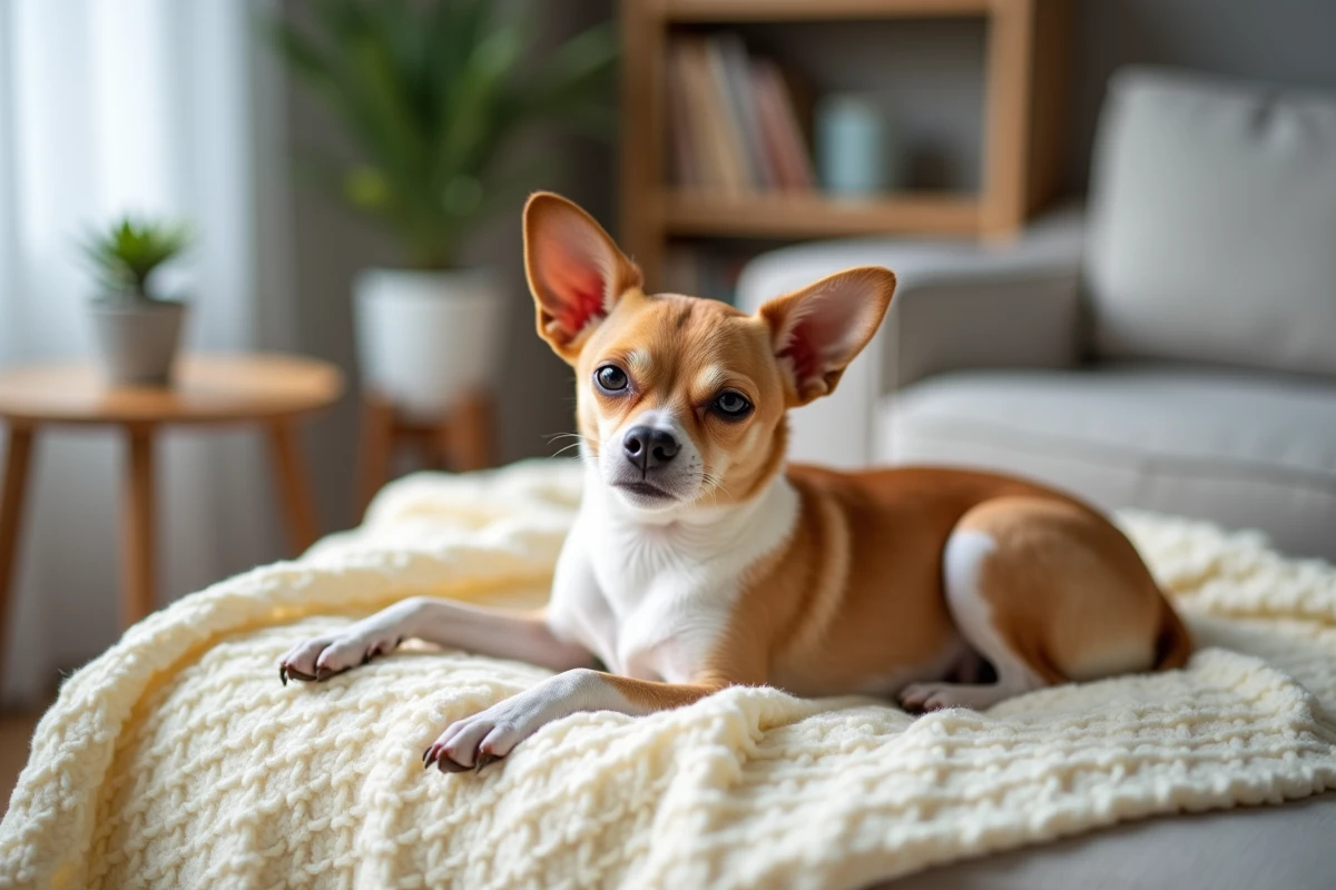 Chihuahua serein allongé sur un plaid en tricot crème, yeux mi-clos et corps détendu, symbolisant la sérénité et le bien-être mental du chien
