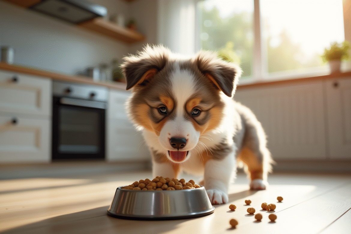 Chiot australian shepherd mangeant des croquettes fraîches