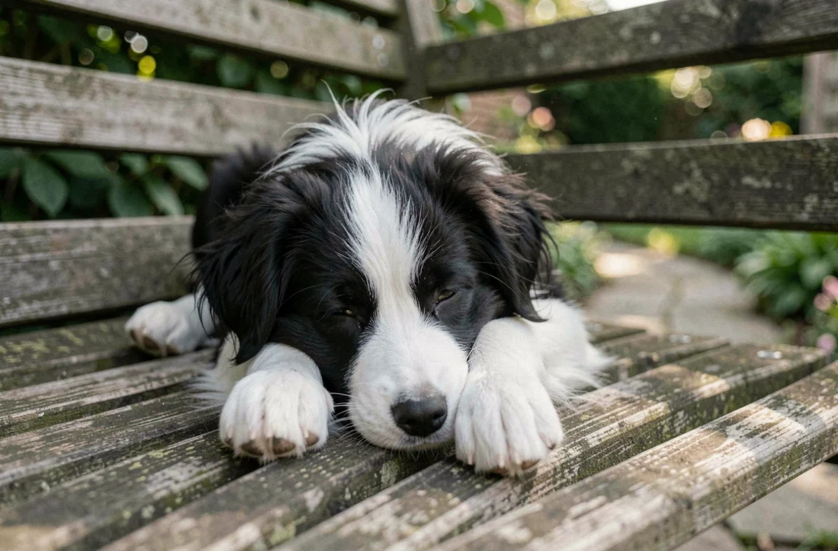 Chiot border collie noir et blanc de 4 mois somnolant sur un banc de jardin en bois à l'ombre d'un après-midi calme