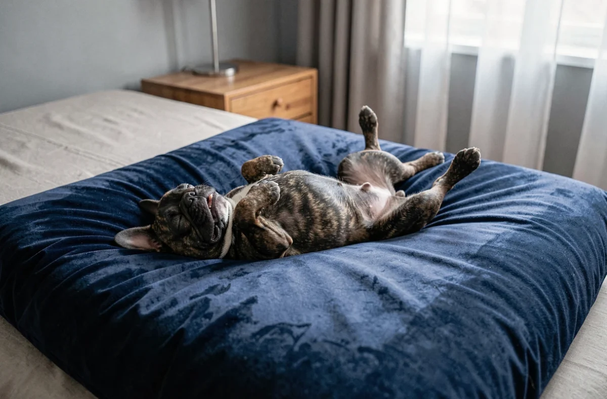 Chiot bouledogue français de 3 mois endormi sur le dos sur un lit pour chien bleu marine dans une chambre moderne