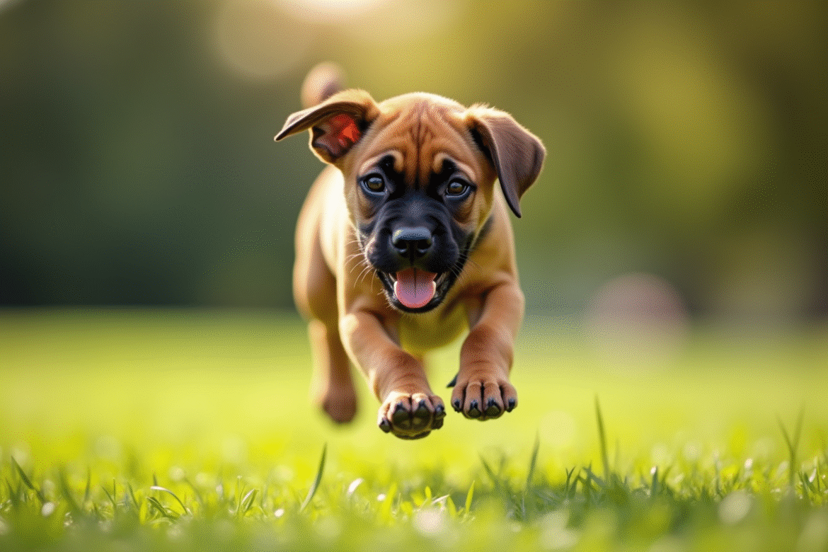 Chiot boxer sautant dans un parc ensoleille