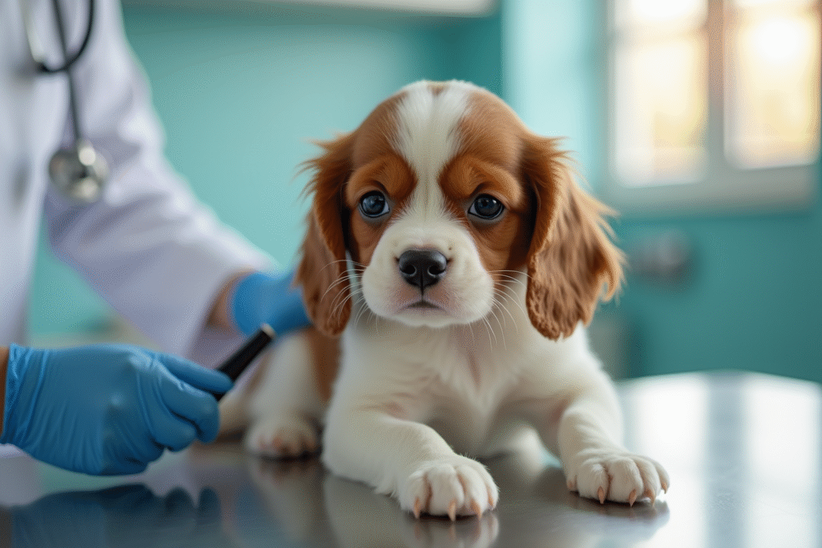 Jeune chiot cavalier king charles examiné par vétérinaire