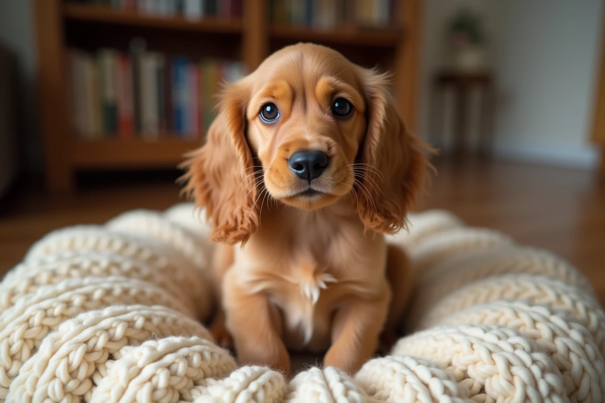 Chiot cocker spaniel doré assis sur une couverture tricotée dans un intérieur chaleureux