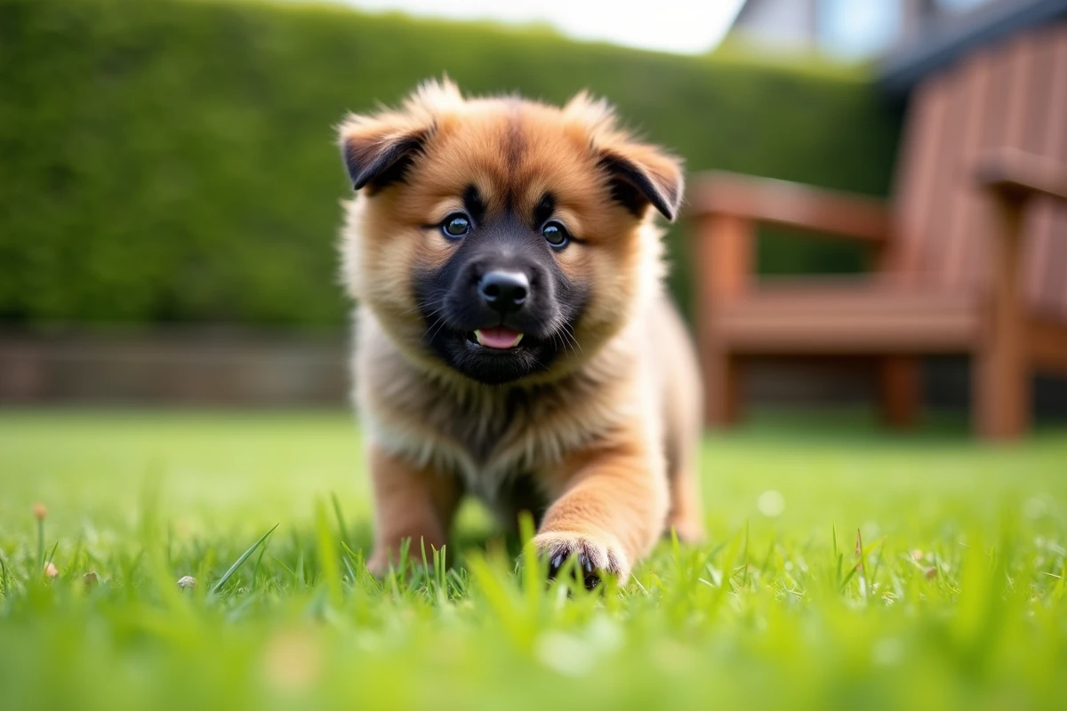 Chiot Eurasier roux et noir jouant sur la pelouse verte d'un jardin familial, regardant l'objectif avec curiosité