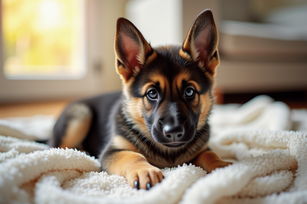 Jeune chiot berger allemand allongé sur une couverture dans un salon lumineux
