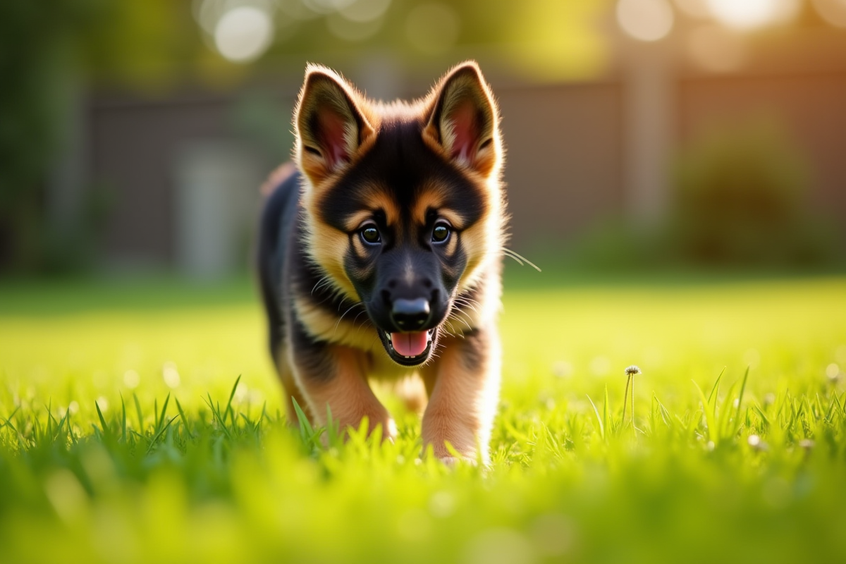 Chiot berger allemand jouant dans un jardin ensoleille avec herbe verte