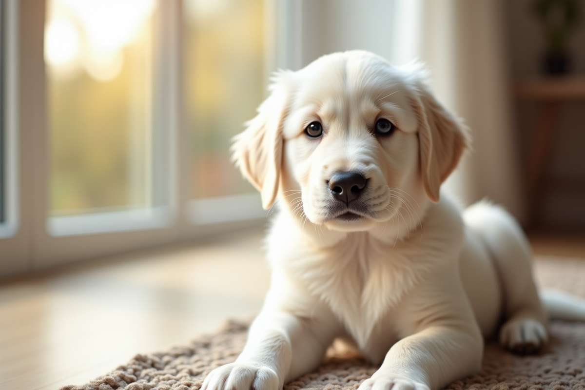 Chiot golden retriever blanc a l interieur près d une fenetre