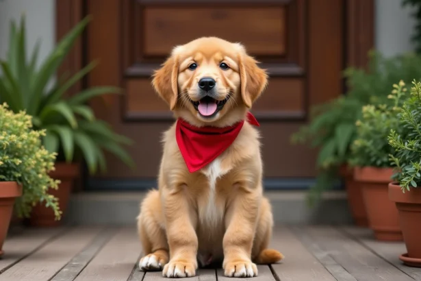 Chiot golden retriever portant un bandana rouge assis sur un porche en bois, illustrant les idées de prénoms pour chien