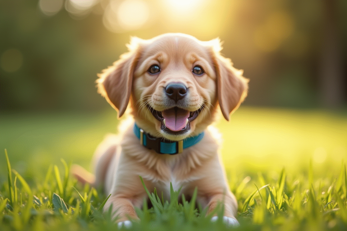 Jeune chiot joyeux portant un collier bleu en plein matin