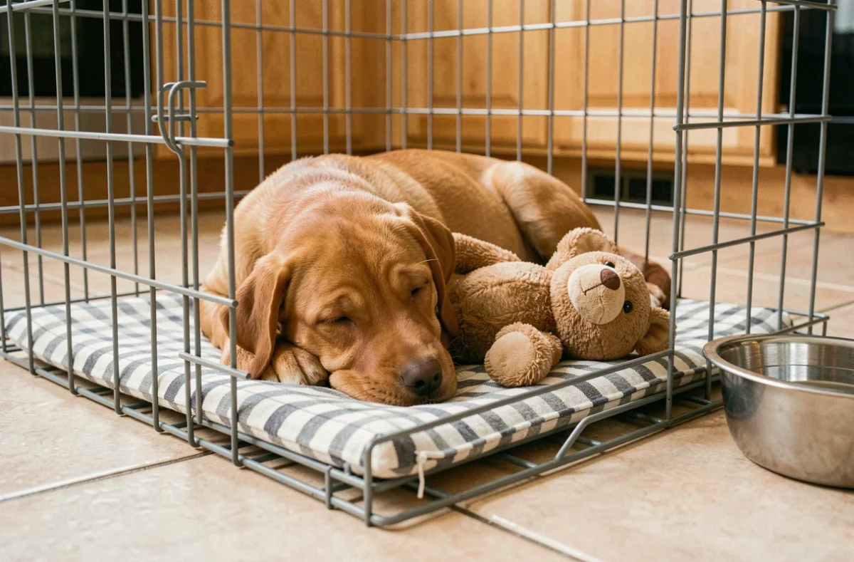 Chiot labrador caramel de 5 mois endormi dans sa cage de transport avec un jouet en peluche dans une cuisine familiale