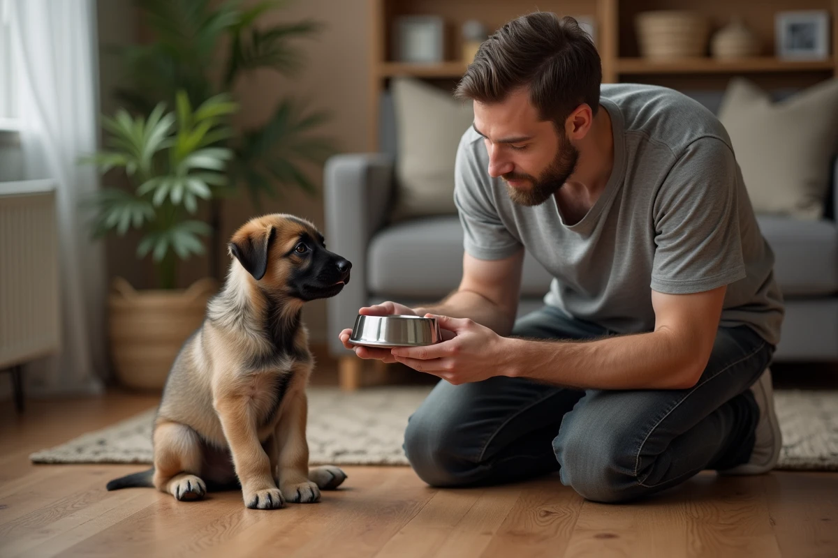Propriétaire surveillant l'alimentation et la condition corporelle d'un chiot Malinois Lab à la maison