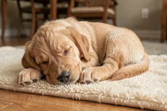 Chiot golden retriever de 8 semaines endormi en boule sur une couverture polaire crème dans un salon chaleureux
