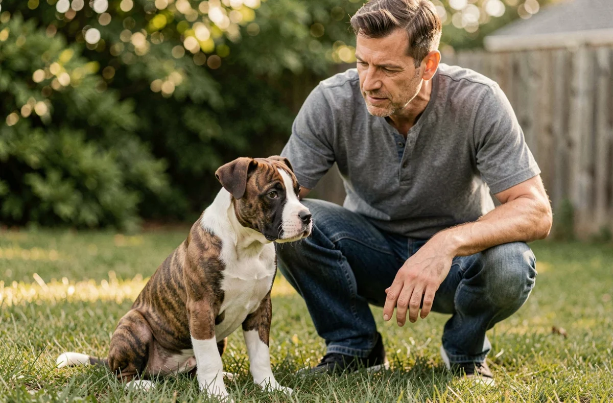 Chiot Staffie en pleine croissance assis dans un jardin avec son propriétaire attentif