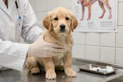 Chiot golden retriever lors de sa première visite chez le vétérinaire pour la vaccination