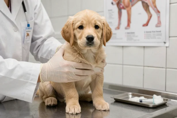 Chiot golden retriever lors de sa première visite chez le vétérinaire pour la vaccination