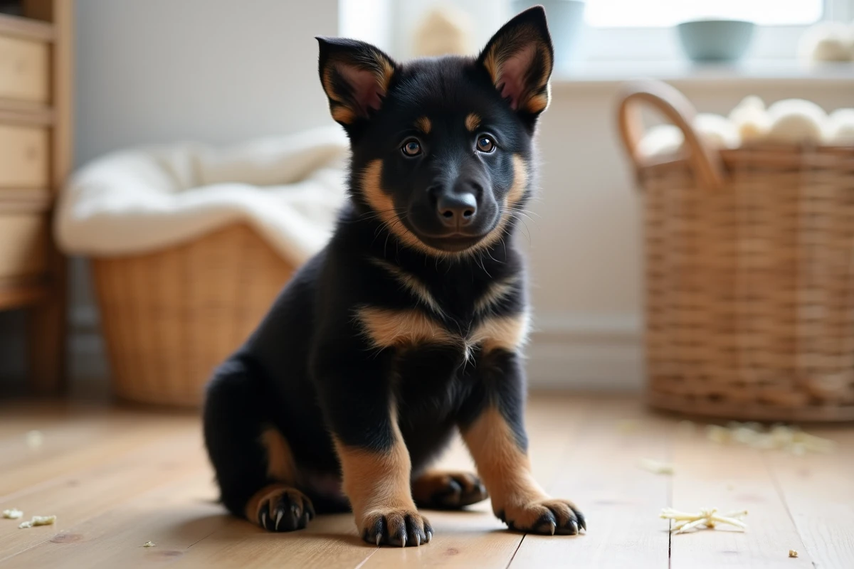 Chiot Berger Allemand noir assis sur un plancher en bois chez un éleveur, oreilles semi-dressées et regard vif
