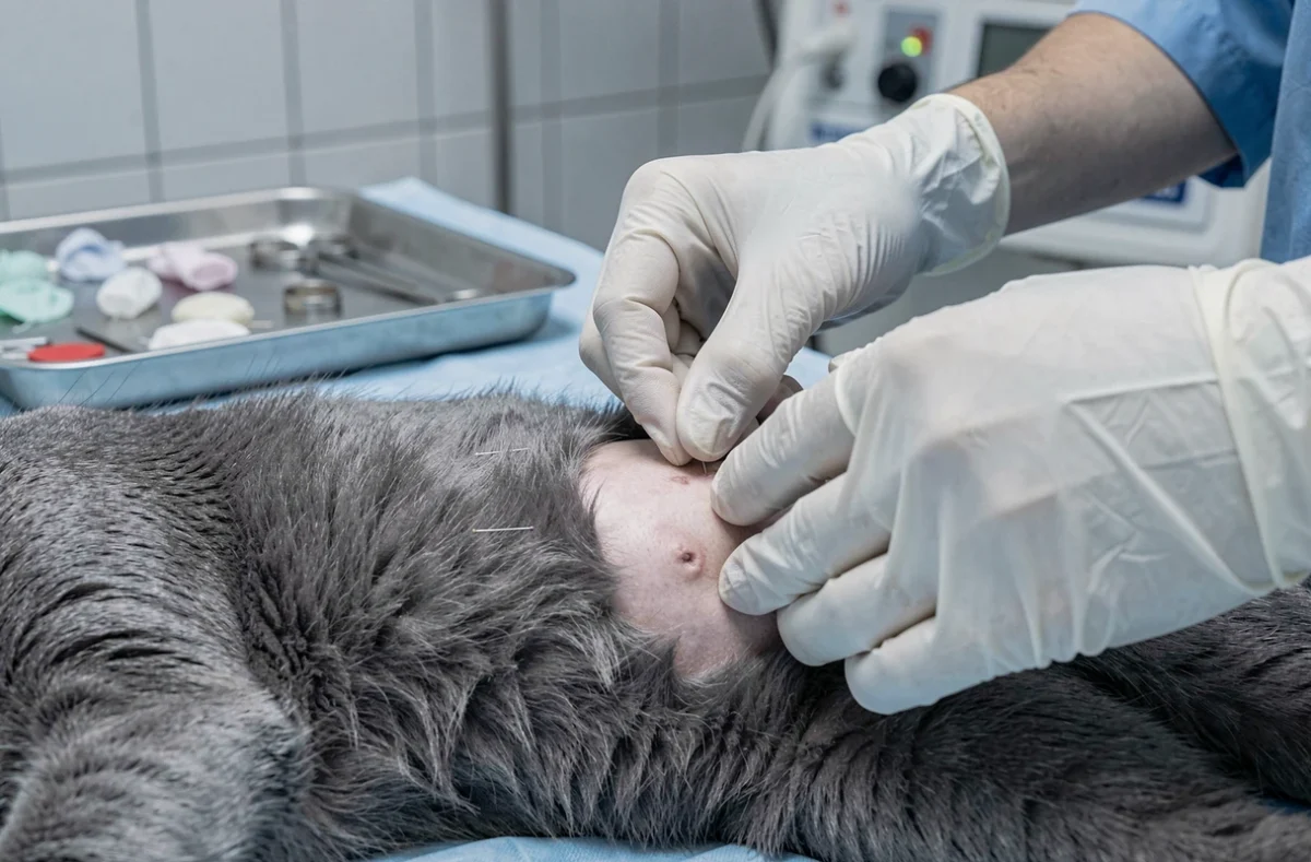 Gros plan sur les mains gantées d'un vétérinaire inspectant la cicatrice abdominale d'une chatte après stérilisation en salle opératoire