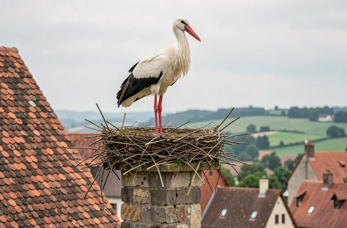 Cigogne blanche perchée sur un nid en bâtons au sommet d'une cheminée en pierre dans un village alsacien